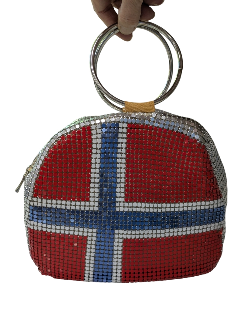 VTG Laila Essence of Norway Flag Silver Mesh Metallic Ring Handled Handbag Bling